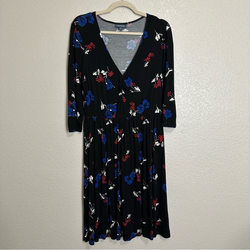 ModCloth Black Floral Ruching 3/4 Sleeves Midi Dress, Sz Large